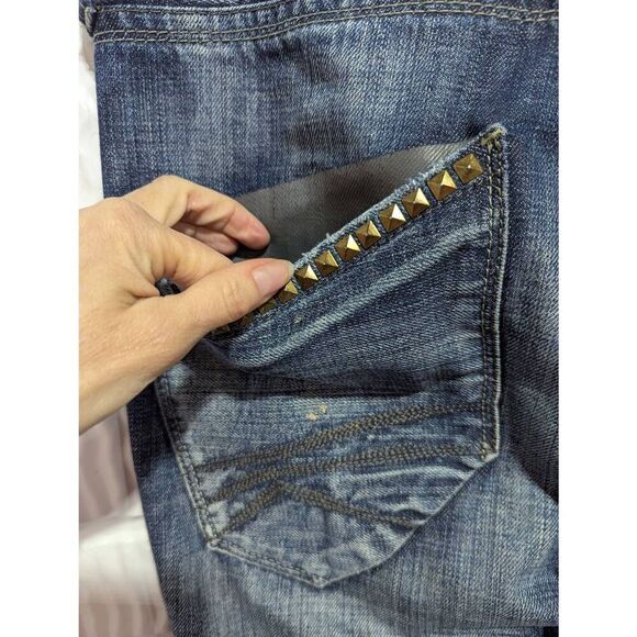 Express Men's Blue Distressed Rocco Slim-Fit Low-Rise Boot Cut Jeans Size 32 x 3 - Picture 7 of 8